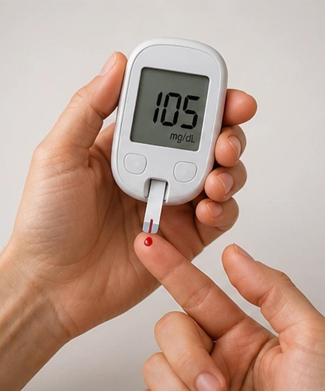 Medição de glicemia na ponta do dedo com um glicosímetro, representando o cuidado do diabetes